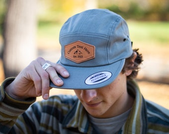 Custom Leather Patch Hats; Camper Style 5-panel hat- Stitched,Not Glued!