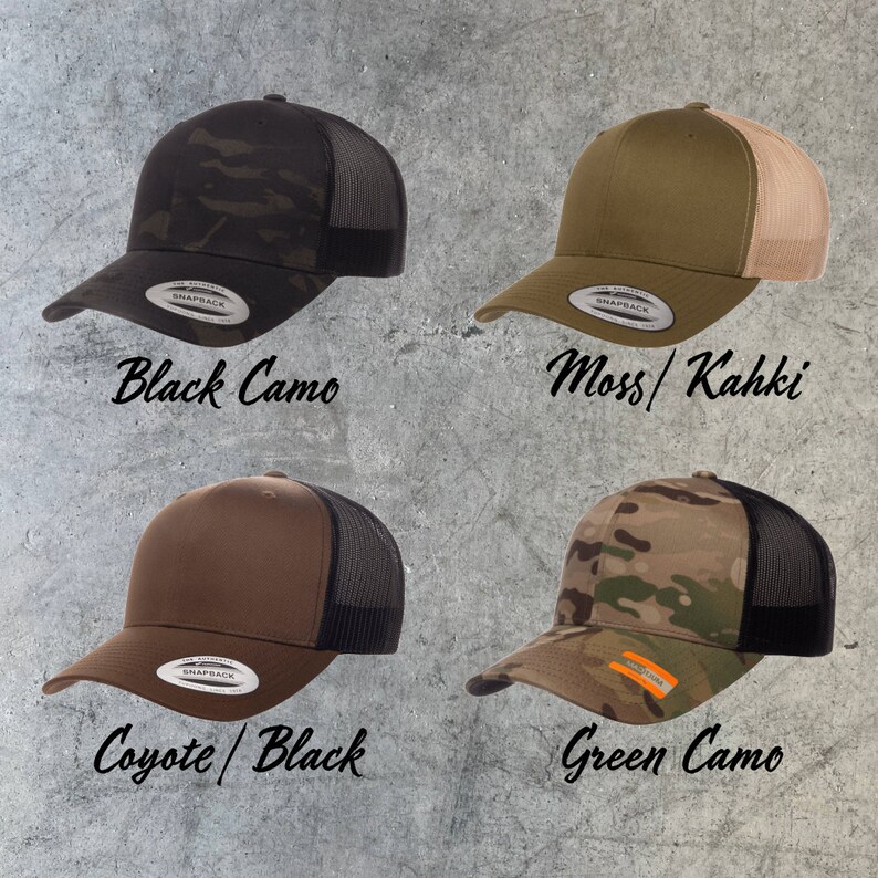 May include: Four different colored trucker hats with black mesh back panels. The hats are in black camo, moss green, brown, and green camo.