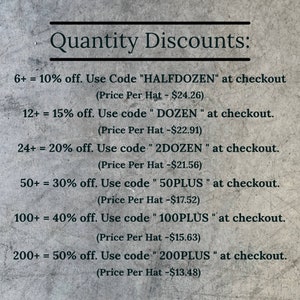 May include: A chart showing quantity discounts for hats. The chart lists the number of hats purchased, the discount percentage, the discount code to use at checkout, and the price per hat after the discount is applied.