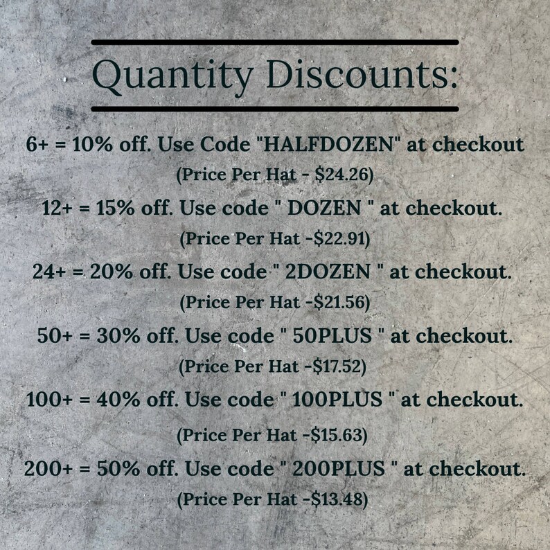 May include: A chart showing quantity discounts for hats. The chart lists the number of hats purchased, the discount percentage, the discount code to use at checkout, and the price per hat after the discount is applied.