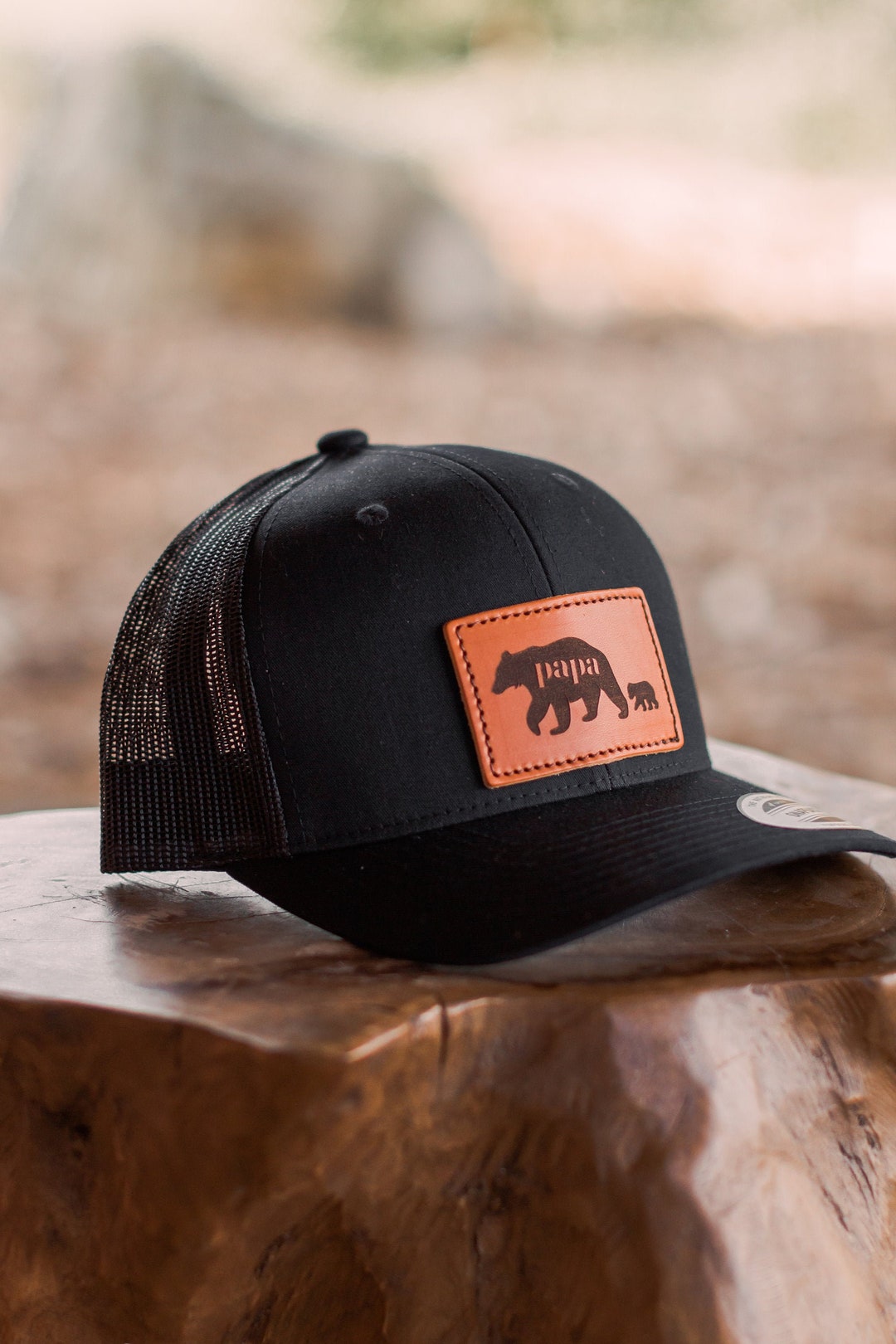 Papa Bear Leather Patch Hat | Trucker Style Leather Patch Cap | Father ...