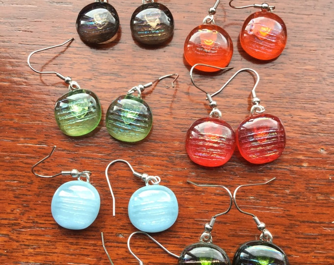 Iridescent, dichroic, fused glass earrings. Quirky earrings. Different earrings.