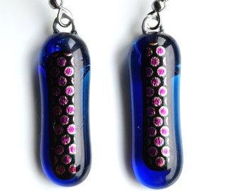 Lovely, rich blue, dichroic, fused glass, quirky earrings. Bright, different and quirky earrings.