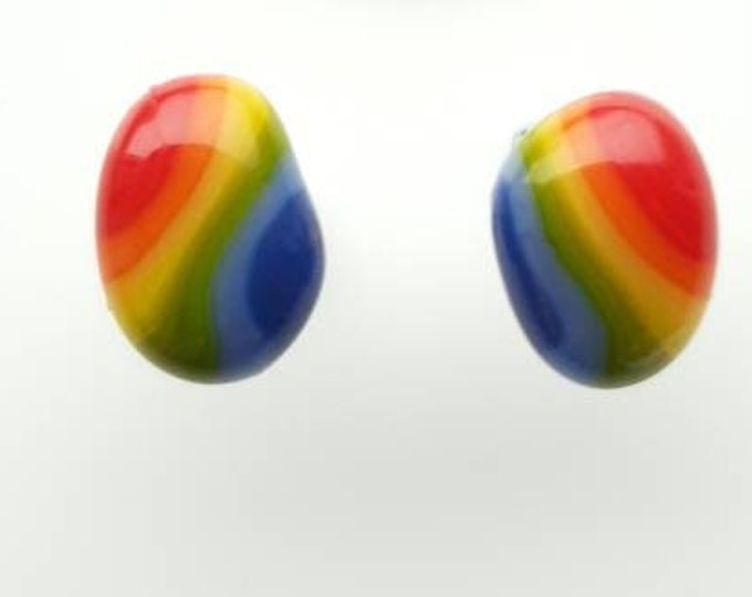 Small, rainbow, fused glass stud earrings with sterling silver posts