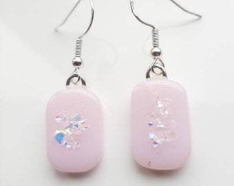 Baby pink, tack fused, rainbow dichroic earrings. Unique and pretty earrings