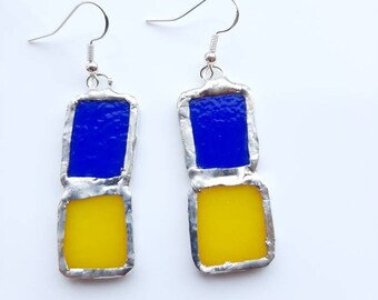 Yellow and blue, Ukraine, stained glass earrings. Five pound donation to Red Cross with each pair sold.