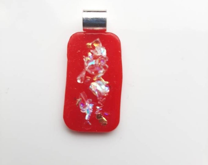 Bold, Tack fused, Bright Red, Rainbow, Dichroic Glass Pendant