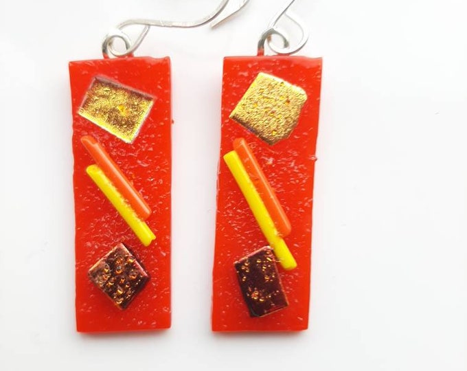 Bright red, gold and yellow, tack fused, dichroic earrings. Unique and striking earrings