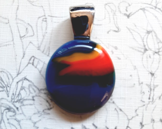 Pretty rainbow, "flag" oval fused glass pendant. Aesthetic and quirky necklace.