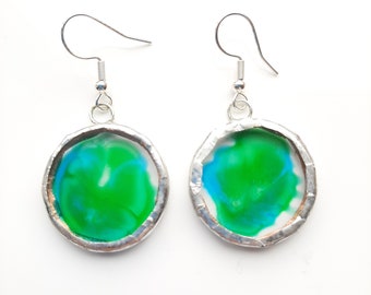 Green and Blue, random mix, painted acrylic, round earrings, tiffany glass method set.