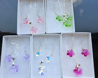 Swarovski Flower Pendant and Earrings Set: Sterling Silver Jewelry