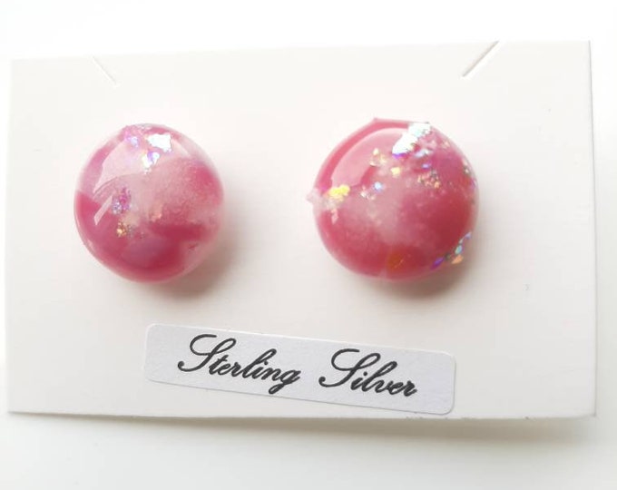 Beautiful, fushia pink, white and rainbow dichroic, fused glass stud earrings