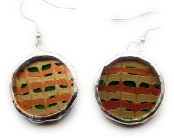 Lovely, herringbone effect, hand painted earrings in copper, gold and green. Set using the copper foil method