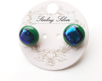 Beautiful, forest green, with blue and purple dichroic inset, fused glass stud earrings