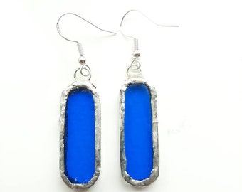 Beautiful mid blue, stained glass earrings. Bold and quirky earrings.