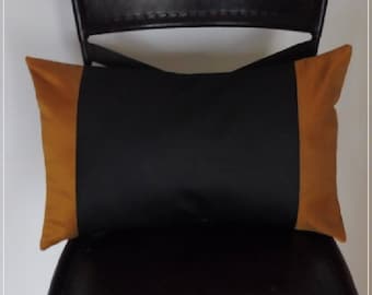 Black faux leather and stripes in golden yellow taffeta cushion