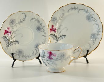 Aynsley Bone China Tea Trio – Pink Grey Floral, Gold Trim (England)