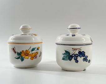 Vintage Villeroy and Boch Malaga Lidded Jam Jars - Floral & Blueberry Design - Sold as a Pair