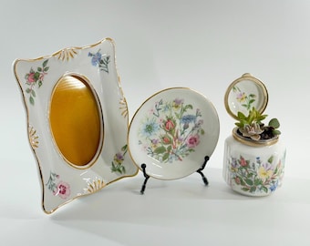 Vintage Aynsley Wild Tudor Bone China Set - Photo Frame, Trinket Jar, Dish
