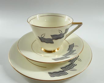 1930s Royal Doulton Lido Art Deco Tea Trio - Black and Gold Bone China Cup, Saucer & Plate - V1694
