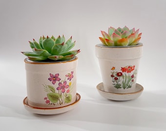 Vintage Floral Ceramic Plant Pots with Saucers -  Speckled Stoneware Planters - Cottage Garden Style - Set of 2