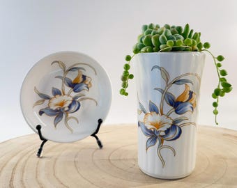 Aynsley Just Orchids Vase & Trinket Dish Set – English Bone China, Blue Floral Decor