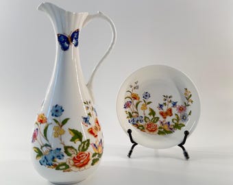 Aynsley Cottage Garden Ewer Vase and Trinket Dish Set - Fine English Bone China