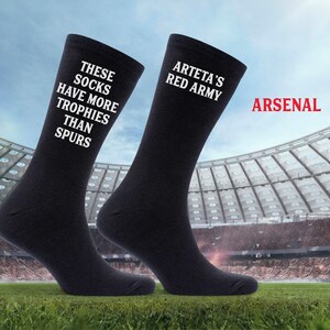 Personalised Black Socks for Arsenal Fan, Customised with the Club&#39;s Motto, a Proud Moment of Supporting the Club, Humorous Joke