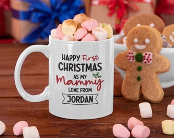 Personalised Happy First Christmas 11oz White Ceramig Mug, Cute Xmas Idea for Newborn's Mum, Dad, Auntie, Granny, Gandad, Brother, Sister