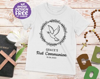 Camiseta de comunión personalizada con paloma y corona