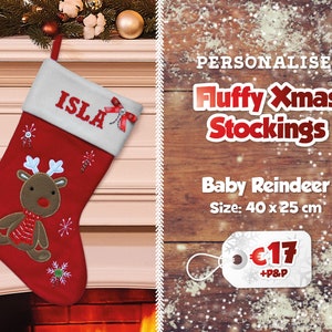 Fluffy Personalised Christmas Stockings Printed Name Stockings Traditional Christmas Decoration Santa Stocking Christmas Eve Gift Baby Reindeer