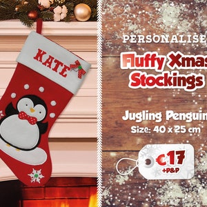 Fluffy Personalised Christmas Stockings Printed Name Stockings Traditional Christmas Decoration Santa Stocking Christmas Eve Gift Juggling Penguin