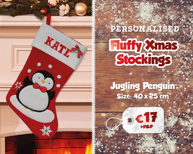 Fluffy Personalised Christmas Stockings Printed Name Stockings Traditional Christmas Decoration Santa Stocking Christmas Eve Gift Juggling Penguin