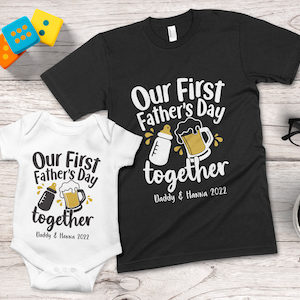 Our First Father&#39;s Day Together Matching Design Shirts and Bodysuit – Daddy & Children T-Shirt Design Sets, Father&#39;s Day Personalised Gift