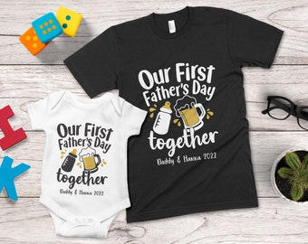 Our First Father&#39;s Day Together Matching Design Shirts and Bodysuit – Daddy & Children T-Shirt Design Sets, Father&#39;s Day Personalised Gift
