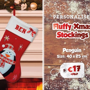 Fluffy Personalised Christmas Stockings Printed Name Stockings Traditional Christmas Decoration Santa Stocking Christmas Eve Gift Penguin