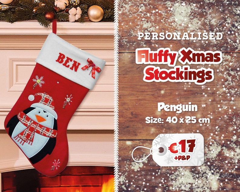 Fluffy Personalised Christmas Stockings Printed Name Stockings Traditional Christmas Decoration Santa Stocking Christmas Eve Gift Penguin