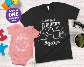 Notre première chemise et grenouillère assorties pour la fête des pères | Ensemble de t-shirts pour papa et enfants | Cadeau personnalisé pour la fête des pères par les enfants