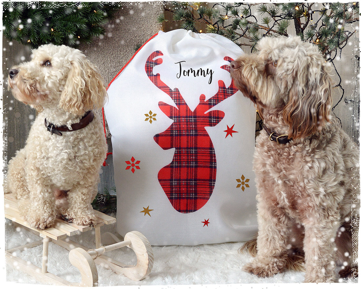 Tartan Reinder Personalised Christmas Present Sack | Printed Hessian Bags with Name | Luxury Christmas Decor | Children Xmas Holiday Sacks