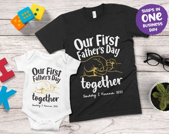 Our First Father&#39;s Day Together Matching Design Apparel with Fistbump | Daddy & Kids T-Shirt Set | Fathers Day Personalised Gift