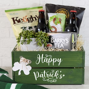 Wooden Happy St. Patrick&#39;s Day Crate, Green Wood Box for Presents, Irish Festival Gift Ideas, Shamrock Theme Paddy&#39;s Day Treat Box
