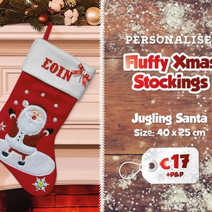 Fluffy Personalised Christmas Stockings Printed Name Stockings Traditional Christmas Decoration Santa Stocking Christmas Eve Gift Juggling Santa