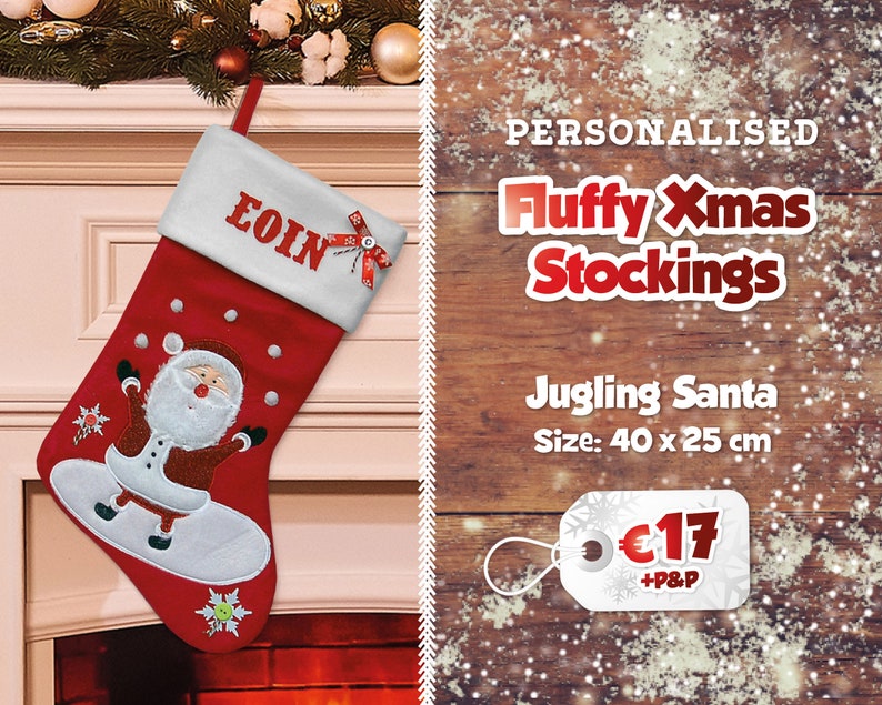 Fluffy Personalised Christmas Stockings Printed Name Stockings Traditional Christmas Decoration Santa Stocking Christmas Eve Gift Juggling Santa