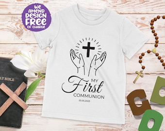 Gepersonaliseerde biddende handen communie-T-shirt: cadeau eerste communie