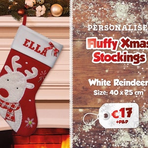 Fluffy Personalised Christmas Stockings Printed Name Stockings Traditional Christmas Decoration Santa Stocking Christmas Eve Gift White Reindeer