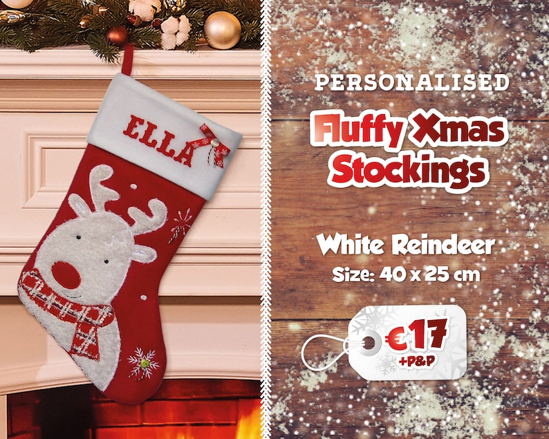 Fluffy Personalised Christmas Stockings Printed Name Stockings Traditional Christmas Decoration Santa Stocking Christmas Eve Gift White Reindeer