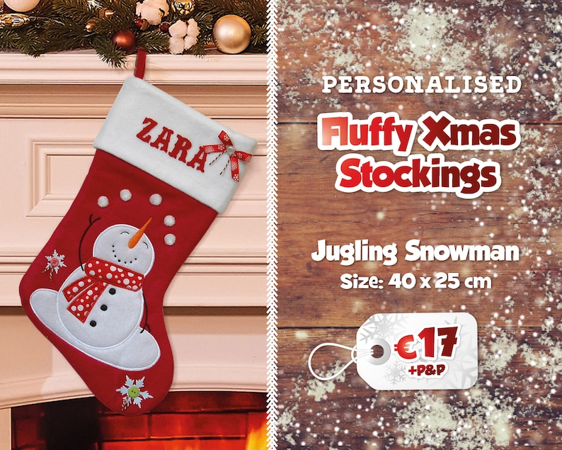 Fluffy Personalised Christmas Stockings Printed Name Stockings Traditional Christmas Decoration Santa Stocking Christmas Eve Gift Juggling Snowman