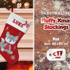 Fluffy Personalised Christmas Stockings Printed Name Stockings Traditional Christmas Decoration Santa Stocking Christmas Eve Gift Fox