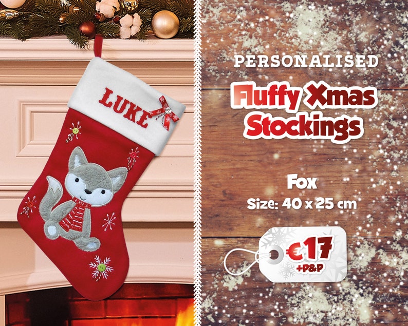 Flauschige personalisierte Weihnachtsstrümpfe Gedruckte Namensstrümpfe Traditionelle Weihnachts Dekoration Nikolausstiefel Weihnachtsgeschenk Fox