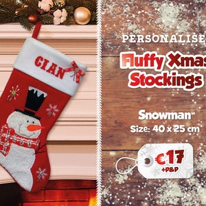 Fluffy Personalised Christmas Stockings Printed Name Stockings Traditional Christmas Decoration Santa Stocking Christmas Eve Gift Snowman